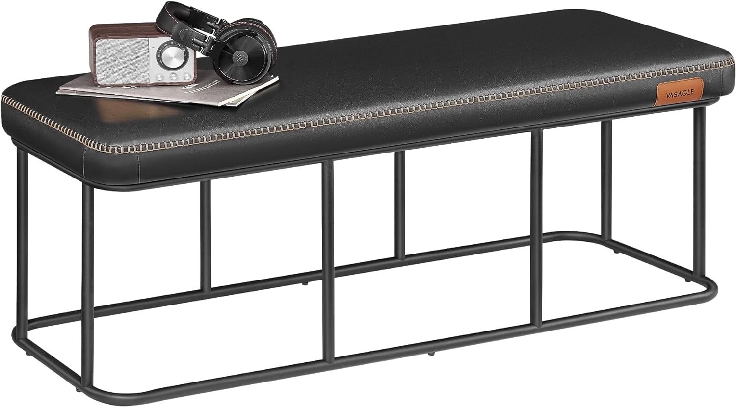 VASAGLE EKHO Collection - Bench for Entryway Bedroom, Synthetic Leather with Stitching, Ottoman Bench with Steel Frame, Living Dining Room, Mid-Century Modern, Loads 660 lb, Ink Black ULOM073B01