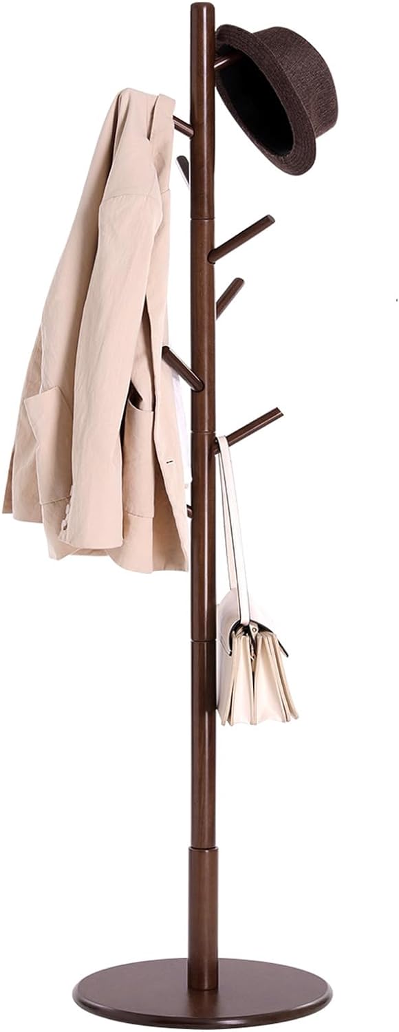 VASAGLE Solid Wood Coat Rack, Wood Hall Tree, Coat Rack Stand with 8 Hooks, Stable Round Base, 3 Height Options, for Living Room, Bedroom, Home Office, Dark Walnut URCR009W01