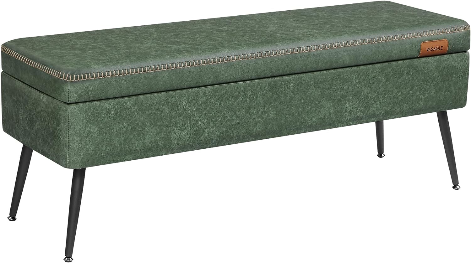 VASAGLE EKHO Collection - Storage Ottoman Bench, Entryway Bedroom Bench, 15 Gallons, Synthetic Leather with Stitching, Mid-Century Modern, Safety Hinges, Loads 660 lb, Forest Green ULOM074C01