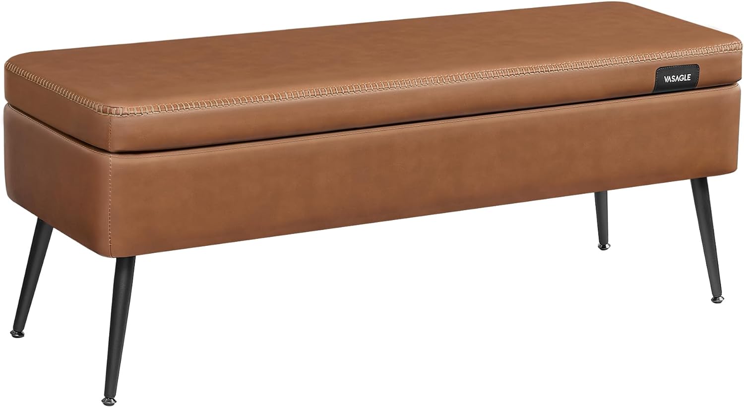 VASAGLE EKHO Collection - Storage Ottoman Bench, Entryway Bedroom Bench, 15 Gallons, Synthetic Leather with Stitching, Mid-Century Modern, Safety Hinges, Loads 660 lb, Caramel Brown ULOM074K01