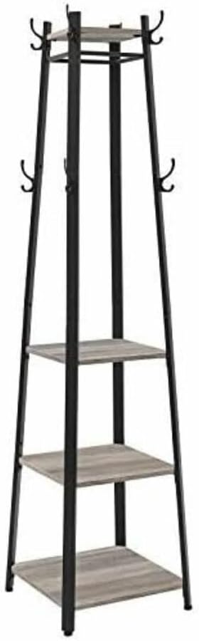 VASAGLE Coat Rack, Coat Stand with 3 Shelves, Hall Trees Free Standing with Hooks for Scarves, Bags and Umbrellas, Steel Frame, Industrial Style, Greige and Black ULCR080B02