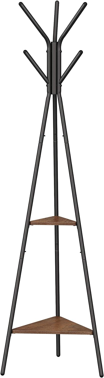 VASAGLE Coat Rack Freestanding, Coat Hanger Stand, Hall Tree with 2 Shelves, for Clothes, Hat, Bag, Industrial Style, Hazelnut Brown and Black URCR016B01