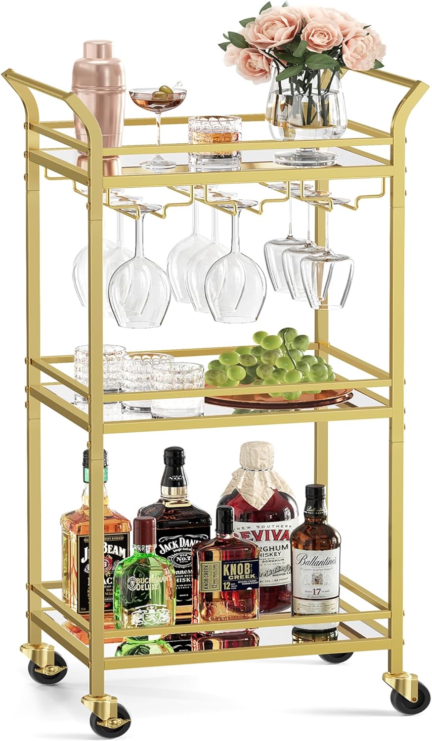 VASAGLE Bar Cart Gold, Home Bar Serving Cart, Small Bar Cart with 3-Tier Mirrored Shelf, Wine Holders, Glass Holder, Mini Bar Cart for Small Space, Kitchen, Dining Room, Living Room, Gold ULRC091A62