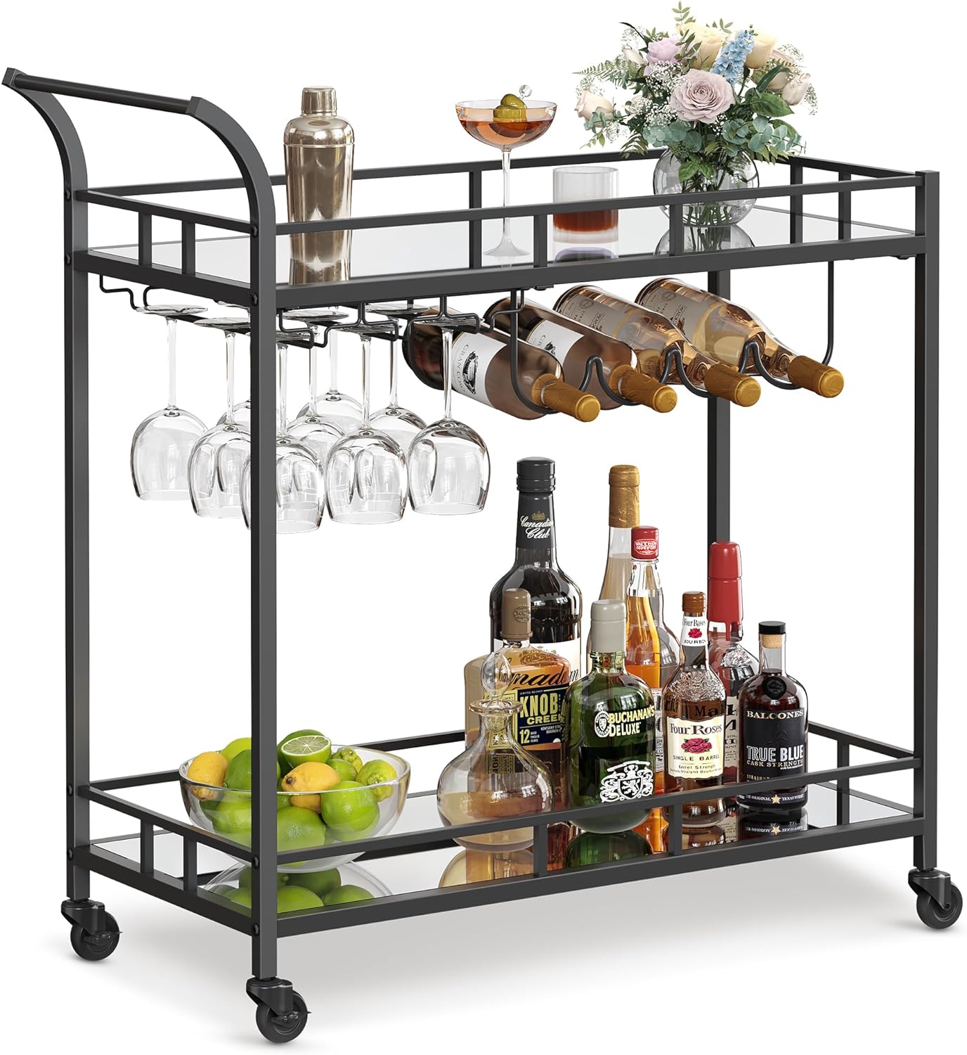 VASAGLE Bar Cart with 2 Mirrored Shelves, Wine and Glass Holders - Serving Cart for Kitchen and Dining Room, Black ULRC090B62