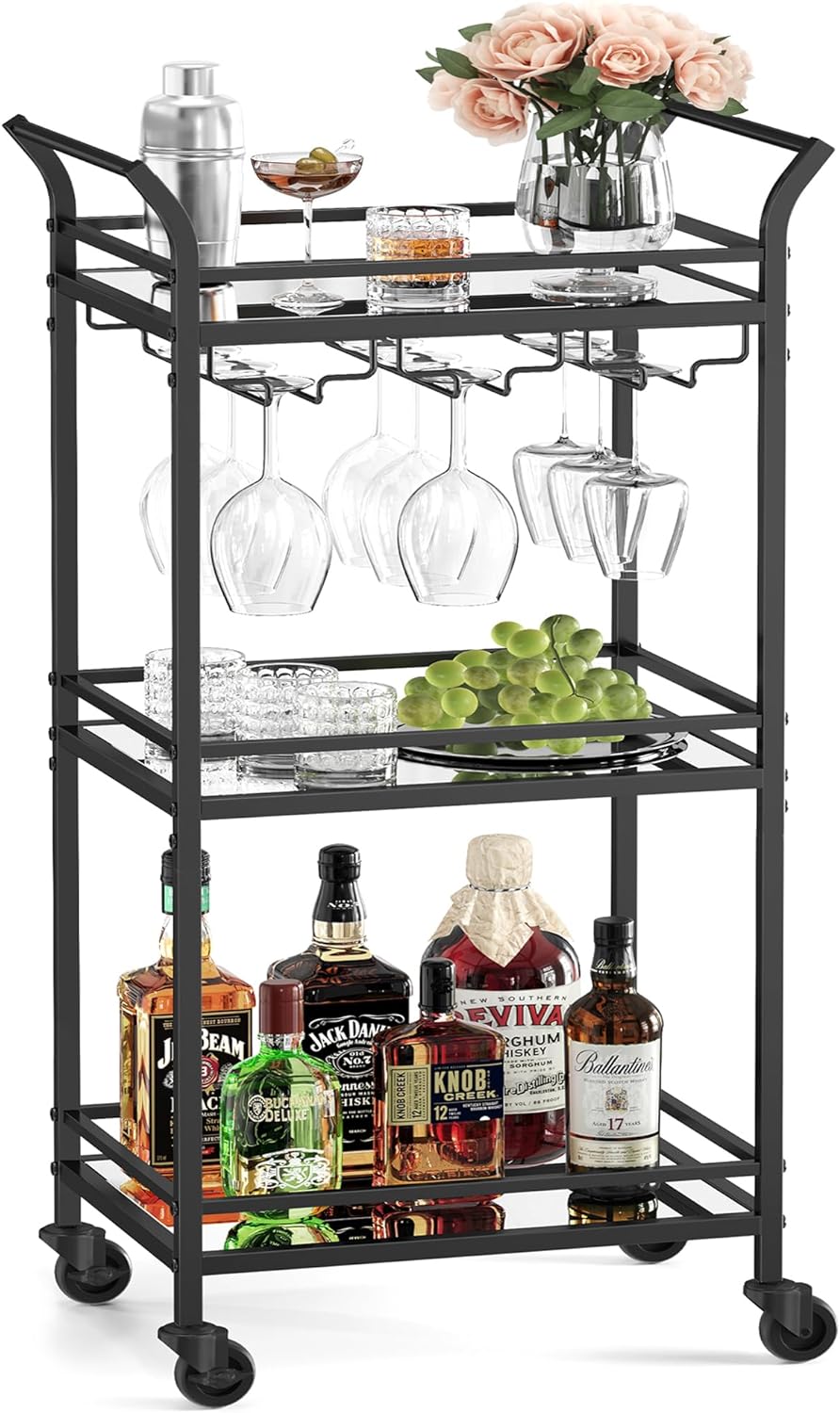 VASAGLE Bar Cart Black, Home Bar Serving Cart, Small Bar Cart With 3-Tier Mirrored Shelf, Wine Holders, Glass Holder, Mini Bar Cart for Small Space, Kitchen, Dining room, Living Room, Black ULRC091B62