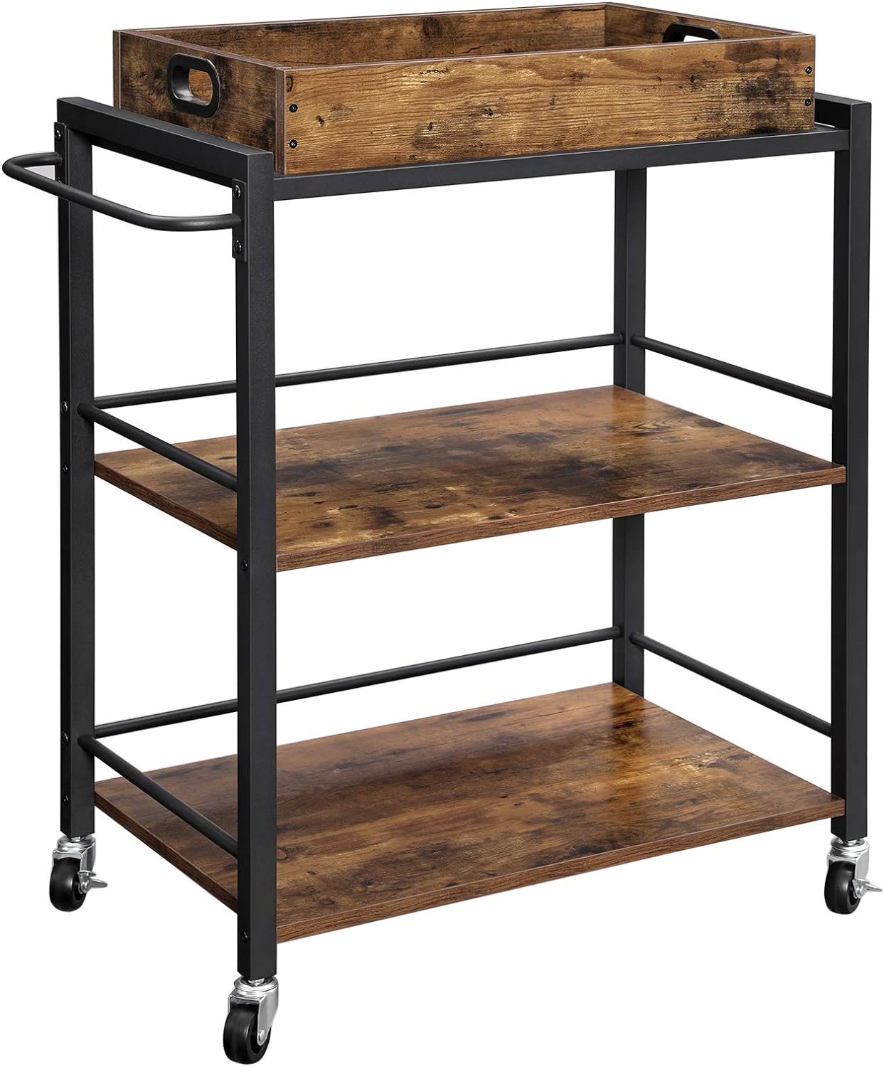 VASAGLE Industrial Bar Cart for The Home, Serving Cart with Wheels and Handle, 3-Tier Beverage Cart with Removable Tray and Storage Shelves for Living Room Kitchen, Rustic Brown and Black ULRC72X