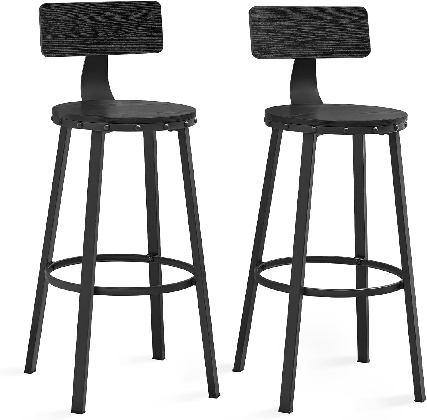 VASAGLE Bar Stools Set of 2, 28.7 Inches Barstools with Back, Counter Stools Bar Chairs with Backrest, Steel Frame, Easy Assembly, Industrial, Ebony Black ULBC026B56