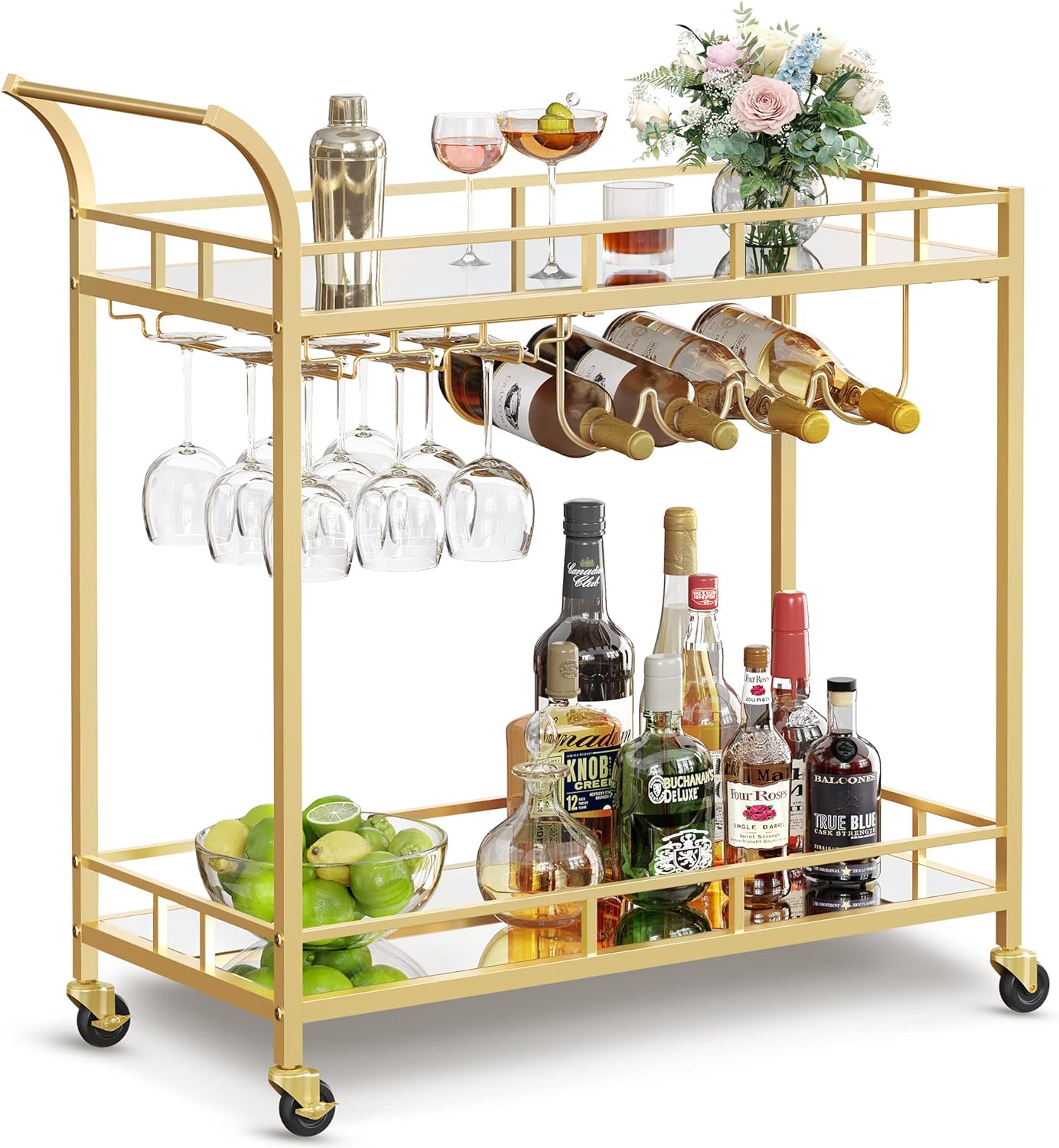 VASAGLE Bar Cart Gold, Home Bar Serving Cart, Wine Cart with 2 Mirrored Shelves, Wine Holders, Glass Holders, for Kitchen, Dining Room, Gold ULRC090A03