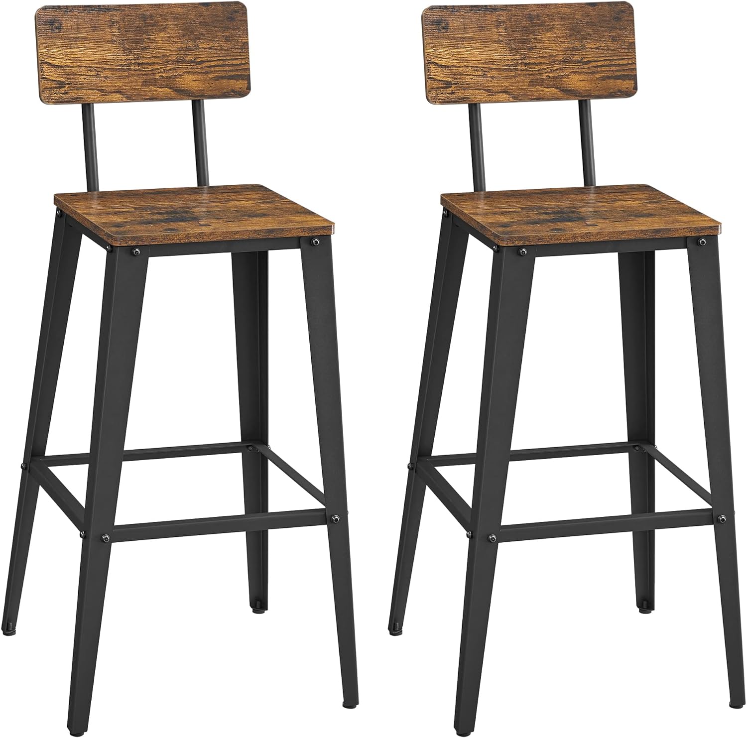 VASAGLE Set of 2 Bar Stools, Bar Height Stools, Tall Bar Stools with Back, Bar Chairs, Steel Frame, Industrial Style, Easy Assembly, Rustic Brown and Black ULBC078B01