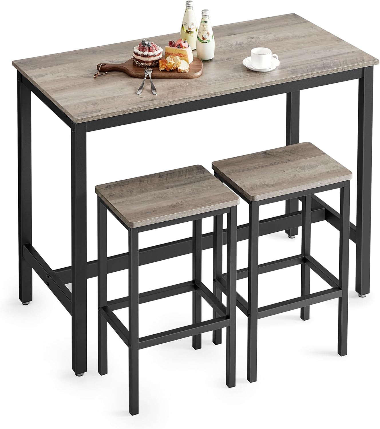 VASAGLE Bar Table Set, Bar Table with 2 Bar Stools, Dining table set, Kitchen Counter with Bar Chairs, Industrial for Kitchen, Living Room, Party Room, Greige and Black ULBT015B02