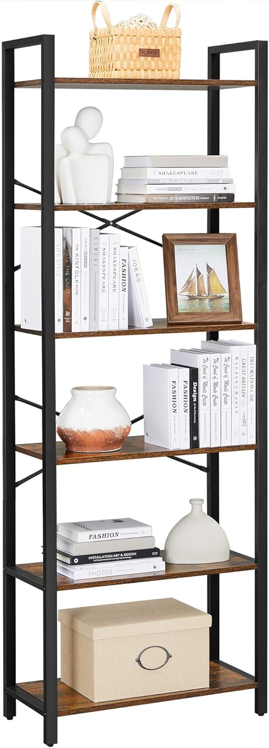 VASAGLE 6-Tier Tall Bookshelf, Large Bookcase with Steel Frame, Deep Book Shelf for Living Room, Home Office, Study, 11.8 x 26 x 73.2 Inches, Industrial Style, Rustic Brown and Black ULLS062B01