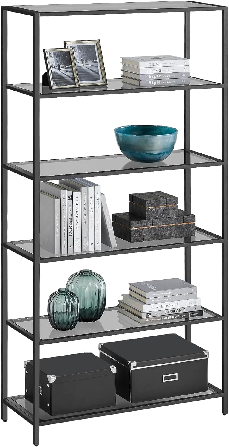 VASAGLE Bookcase, 6-Tier Bookshelf, Slim Shelving Unit for Bedroom, Bathroom, Home Office, Tempered Glass, Steel Frame, Ink Black and Slate Gray ULGT503G01