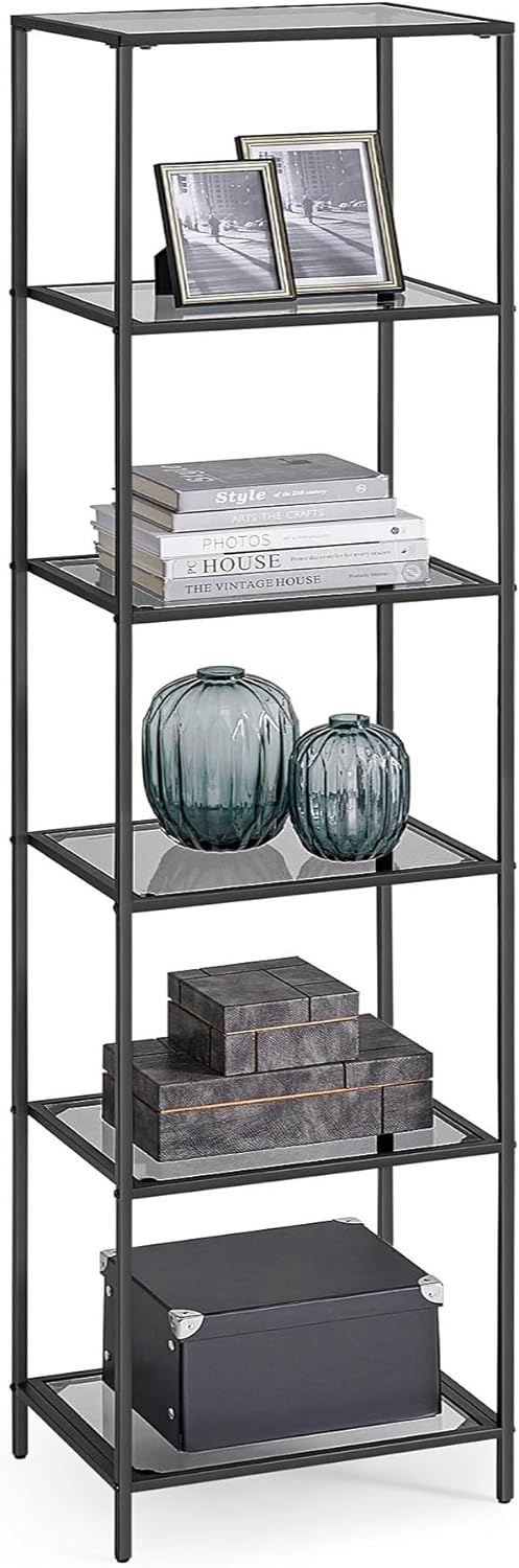 VASAGLE Bookcase, 6-Tier Bookshelf, Slim Shelving Unit for Bedroom, Bathroom, Home Office, Tempered Glass, Steel Frame, Ink Black and Slate Gray ULGT500G01