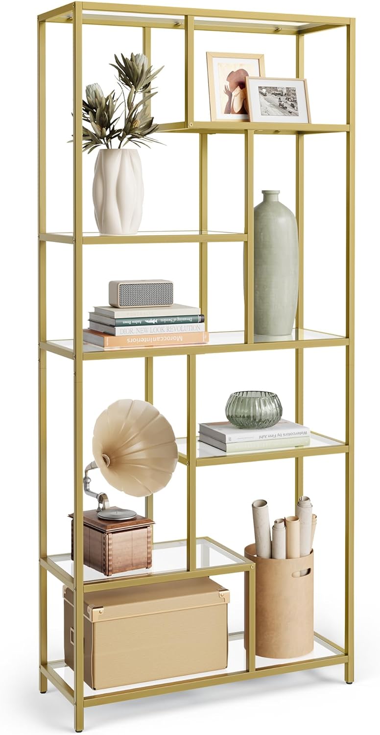 VASAGLE Bookshelf, 6-Tier Tall Bookcase, Display Shelf, Plant Stand, 11.8 x 31.5 x 70.9 Inches, Tempered Glass, for Study, Office, Living Room, Bedroom, Kitchen, Metallic Gold ULGT502A01