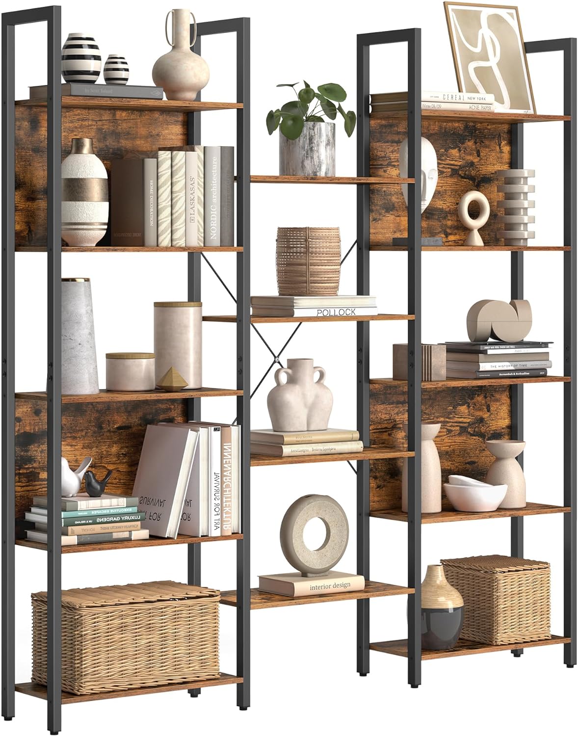 VASAGLE 5-Tier Bookcase with 14 Shelves, Book Shelf with Metal Frame, Bookshelf for Living Room, Home Office, Industrial Style, 9.4 x 62.2 x 65.4 Inches, Rustic Brown and Black ULLS107B01