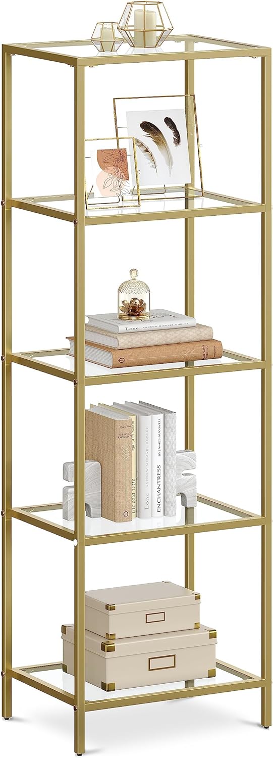 VASAGLE Bookcase, 5-Tier Bookshelf, Slim Shelving Unit for Bedroom, Bathroom, Home Office, Tempered Glass, Steel Frame, Metallic Gold ULGT029A01