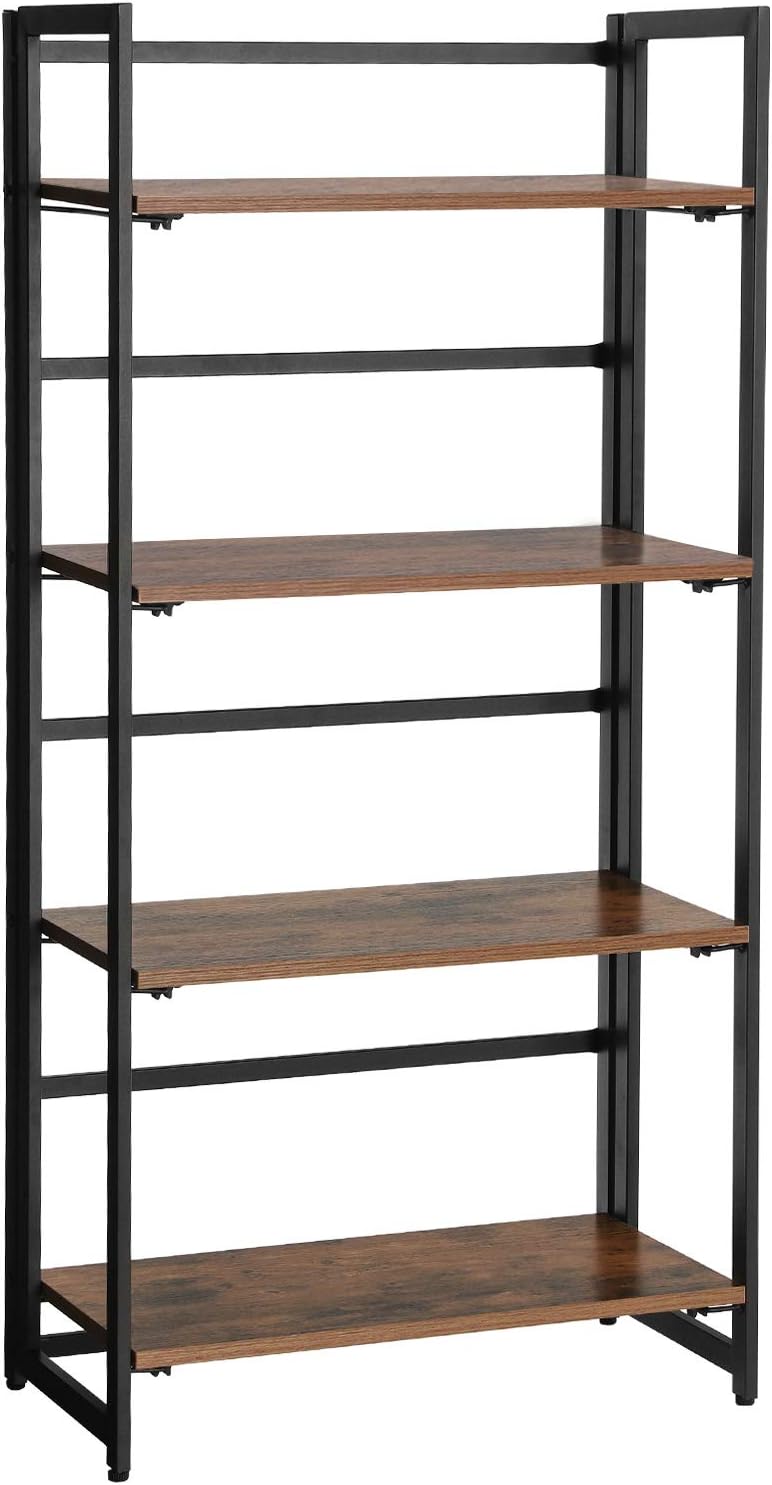 VASAGLE Industrial Bookshelf, Folding Bookcase, 4-Tier Ladder Shelf, Wood Look Accent Furniture with Metal Frame, for Home Office Sturdy and Stable ULLS88X