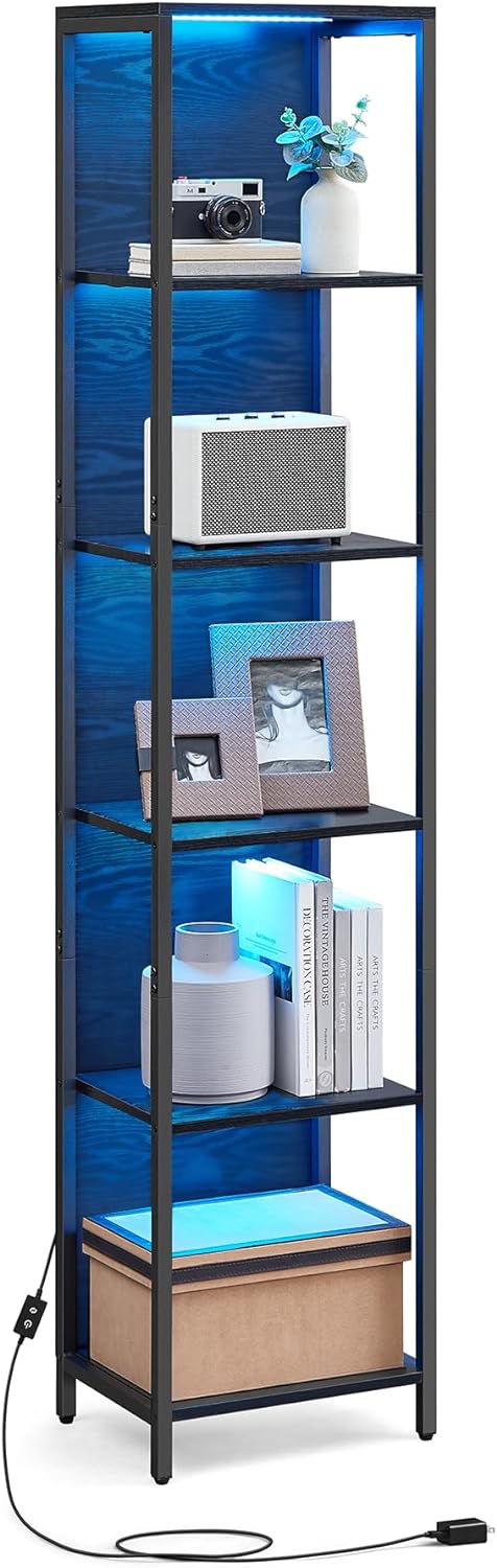 VASAGLE 6-Tier LED Bookshelf, Display Shelf with Dimmable Lights, LED Bookcase with Steel Frame, 11.9 x 15.7 x 70.3 Inches, for Living Room, Bedroom, Office, Black with Wood Grain ULLS121B56