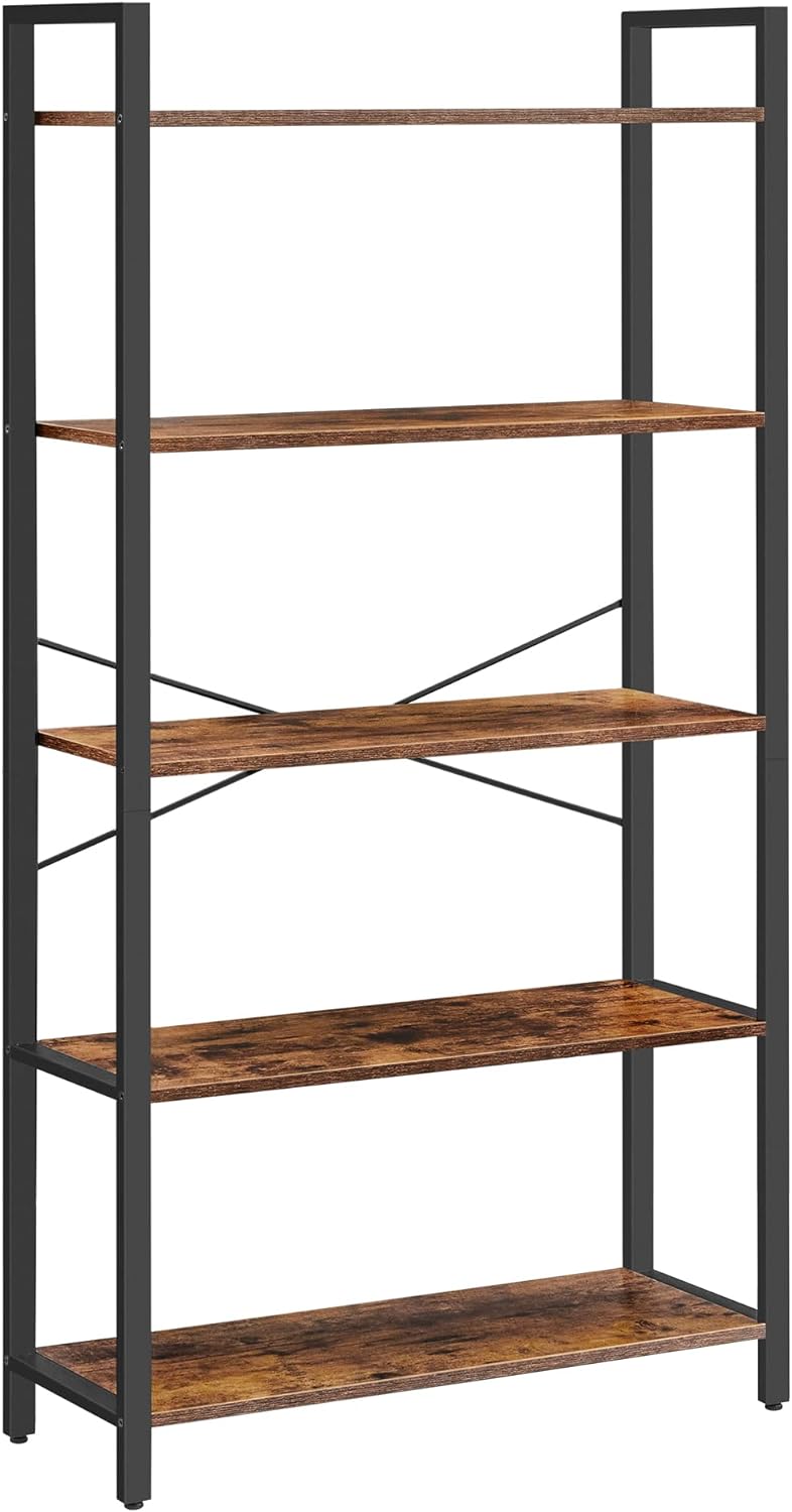 VASAGLE Bookshelf, 5-Tier Storage Rack with Steel Frame, for Living Room, Office, Study, Hallway, Industrial Style, Rustic Brown + Black, 11.8 x 31.5 x 60 inches