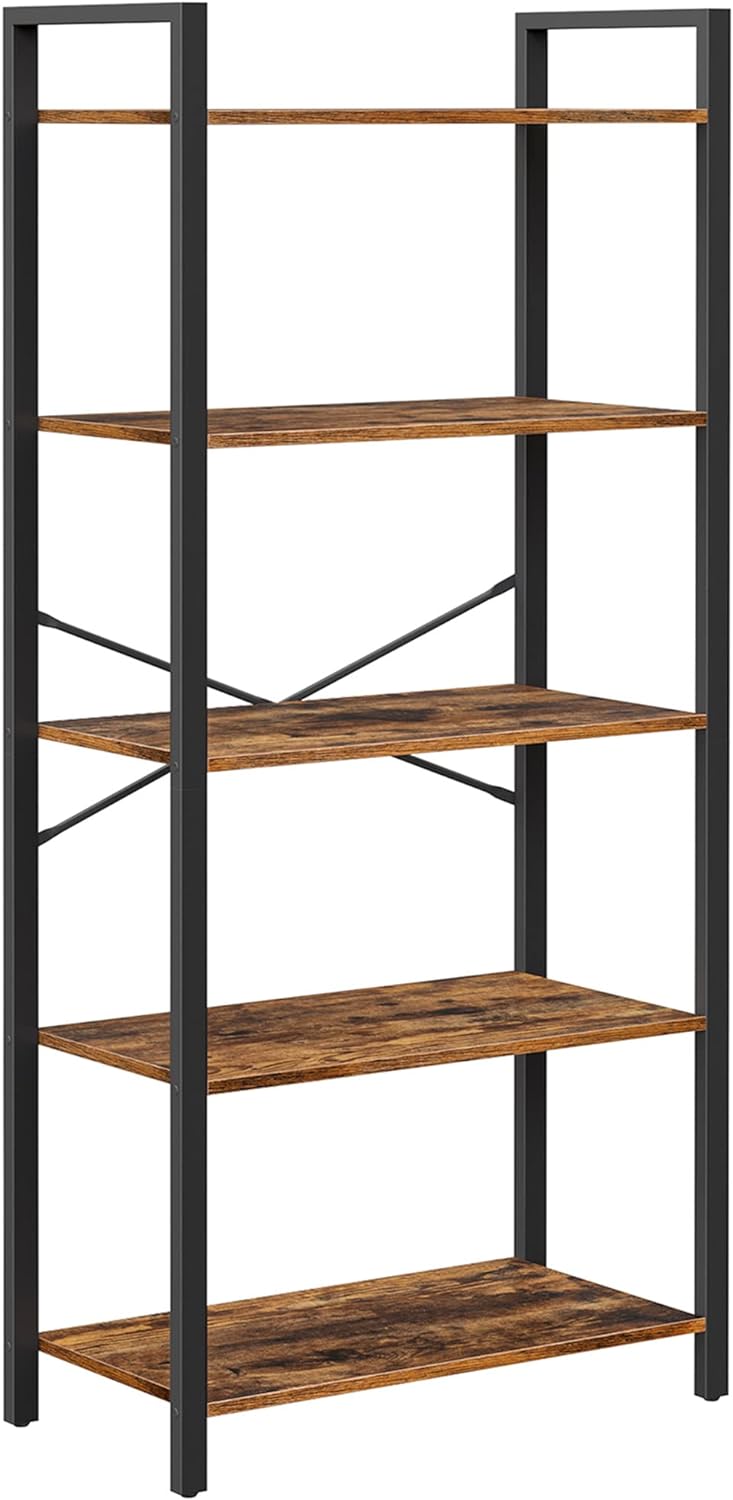 VASAGLE ALINRU Bookshelf, Bookcase, 5-Tier Storage Rack with Steel Frame, for Living Room, Office, Study, Hallway, Industrial Style, Rustic Brown and Black ULLS061B01