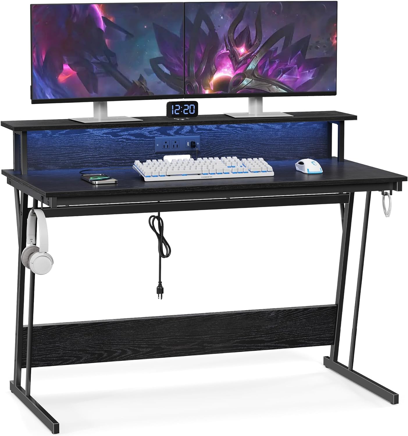 VASAGLE by SONGMICS HOME LED Gaming Desk with Power Outlets, Computer Desk with USB Ports, Office Desk with Monitor Stand for 2 Monitors, with Hooks, for Bedroom, 23.6 x 47.2 x 29.5 Inches Ebony Black