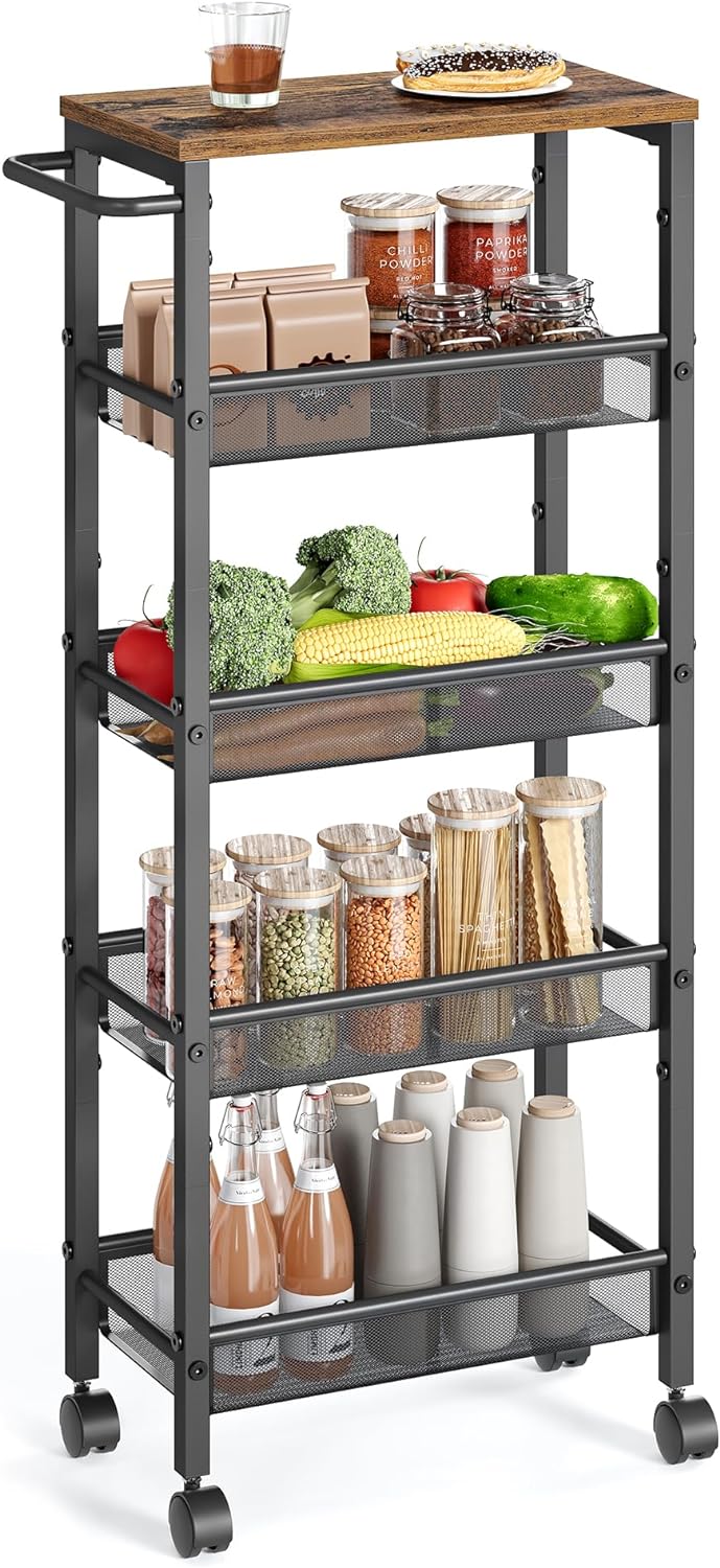 VASAGLE Slim Rolling Cart, 5-Tier Storage Cart, Narrow Cart with Handle, 8.7 Inches Deep, Metal Frame, for Kitchen, Dining Room, Living Room, Home Office, Rustic Brown and Black ULRC035B01