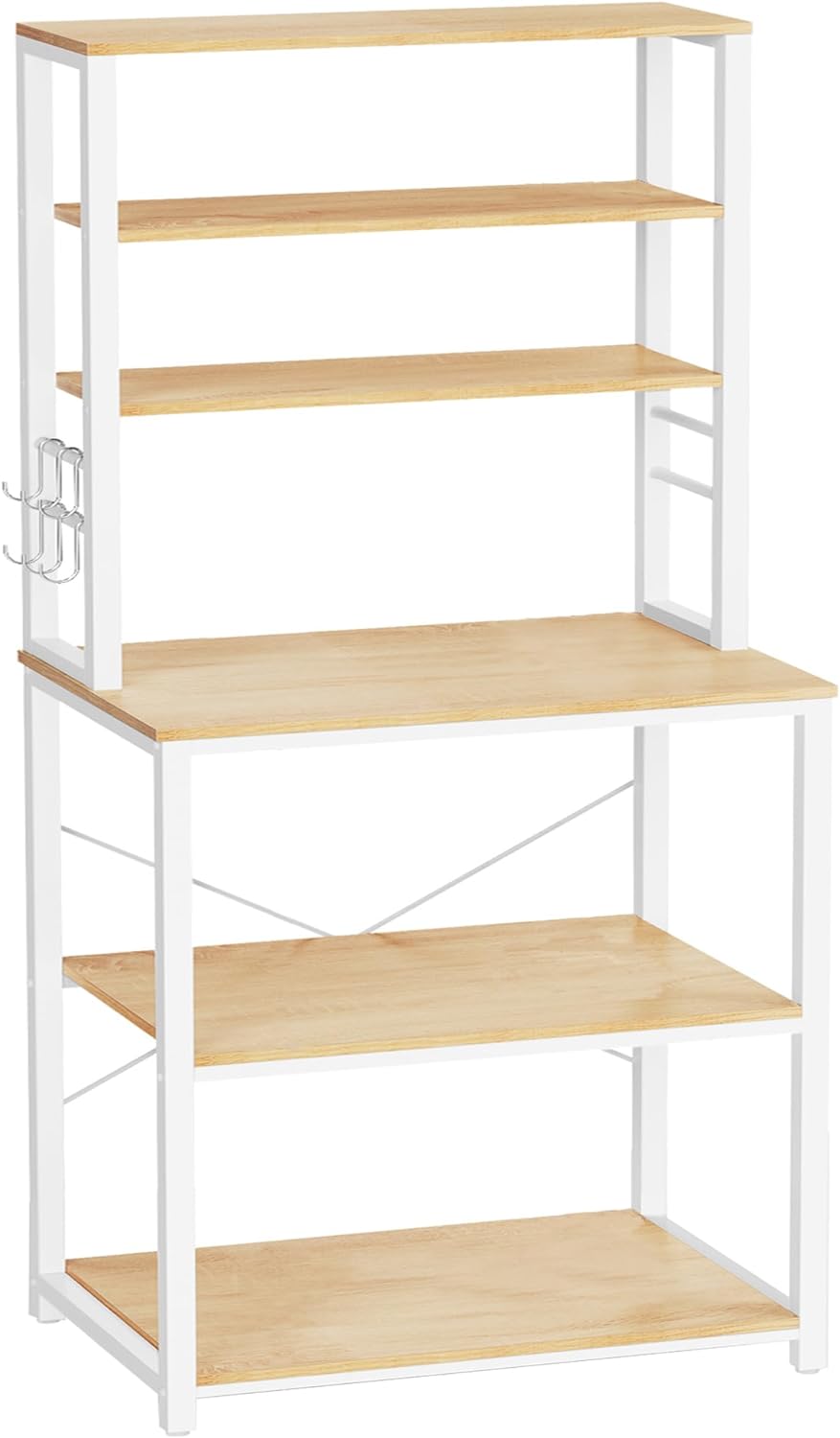 VASAGLE Coffee Bar, Bakers Rack for Kitchen with Storage, 6-Tier Kitchen Shelves with 6 Hooks, Microwave Stand, Industrial, 15.7 x 23.6 x 65.7 Inches, Oak Color and White UKKS024W09