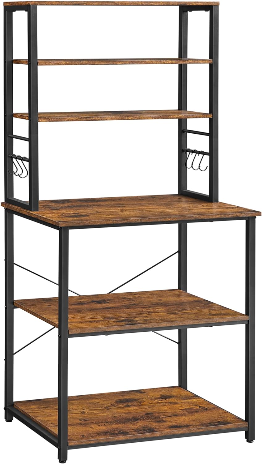 VASAGLE Coffee Bar, Bakers Rack for Kitchen with Storage, 6-Tier Kitchen Shelves with 6 Hooks, Microwave Stand, Industrial, 15.7 x 23.6 x 65.7 Inches, Rustic Brown and Black UKKS024B01