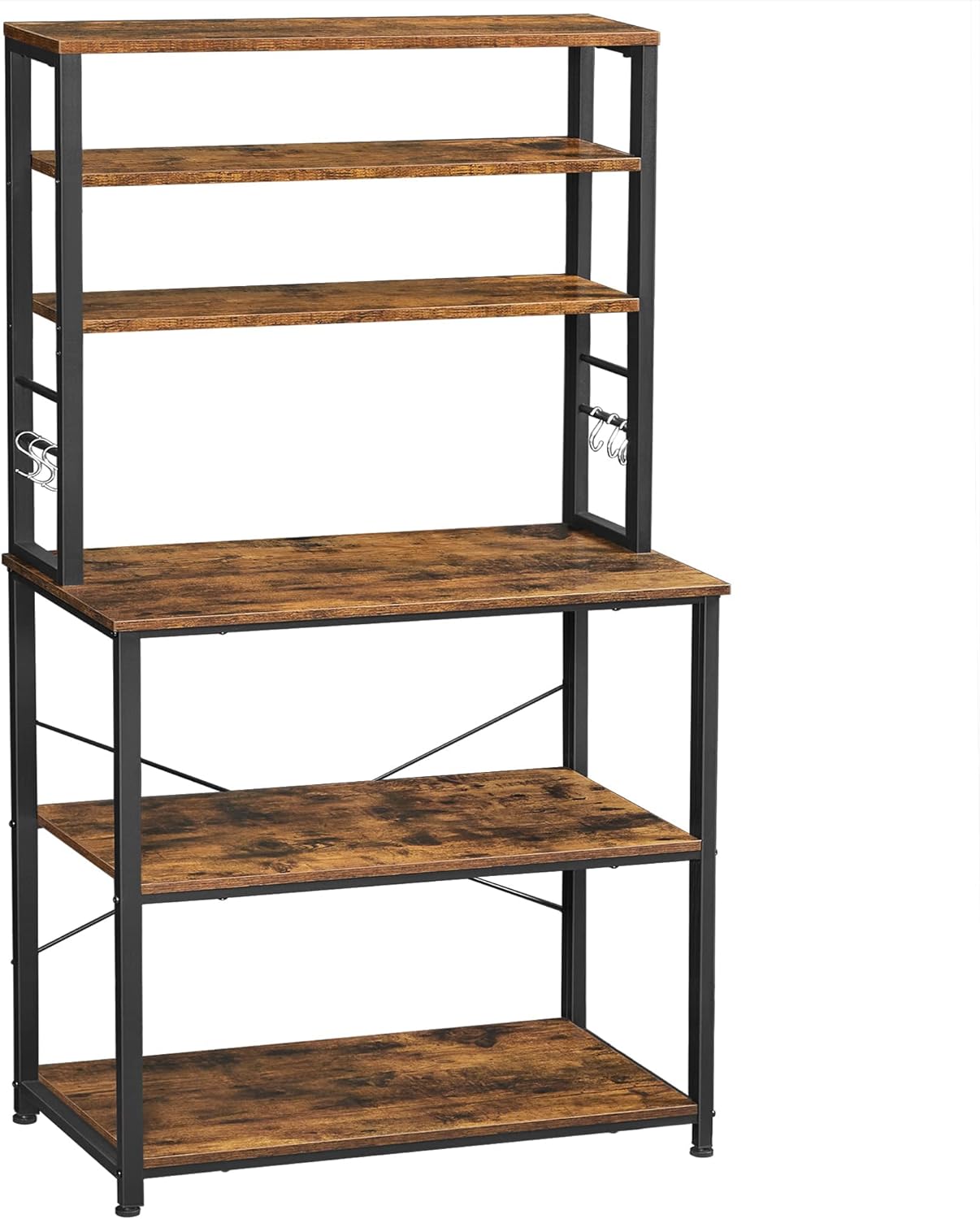 VASAGLE Coffee Bar, Bakers Rack for Kitchen with Storage, 6-Tier Kitchen Shelves with 6 Hooks, Microwave Stand, Industrial, 15.7 x 31.5 x 65.7 Inches, Rustic Brown and Black UKKS019B01