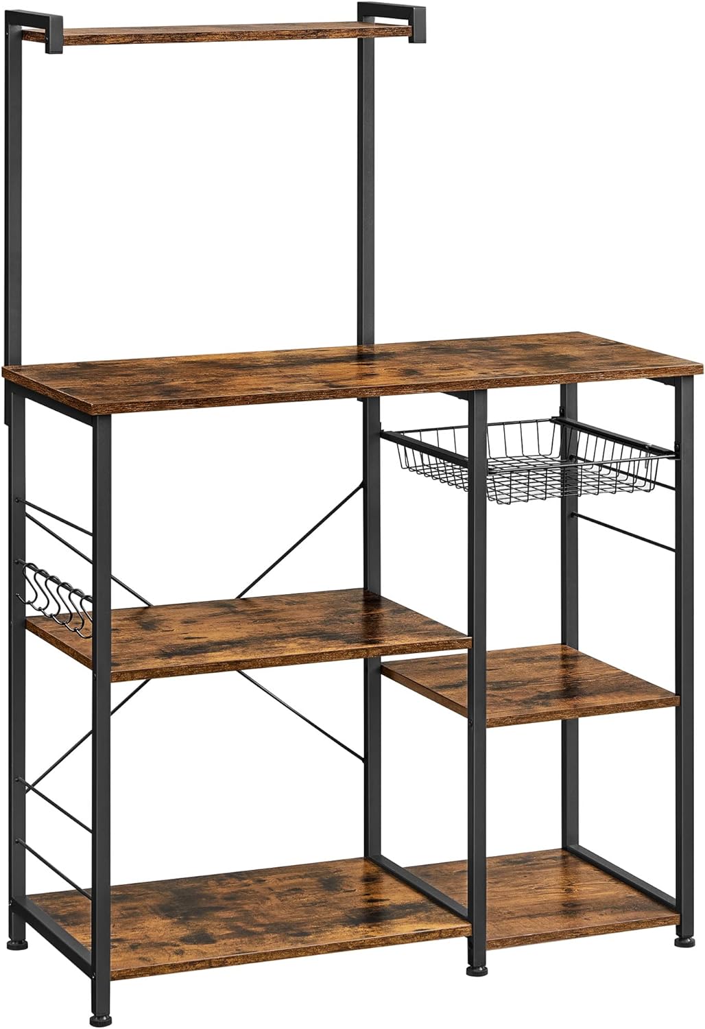 VASAGLE Baker' Rack, Microwave Stand with Wire Basket, 6 Hooks, and Shelves, for Spices, Pots, and Pans, Rustic Brown and Black UKKS35X