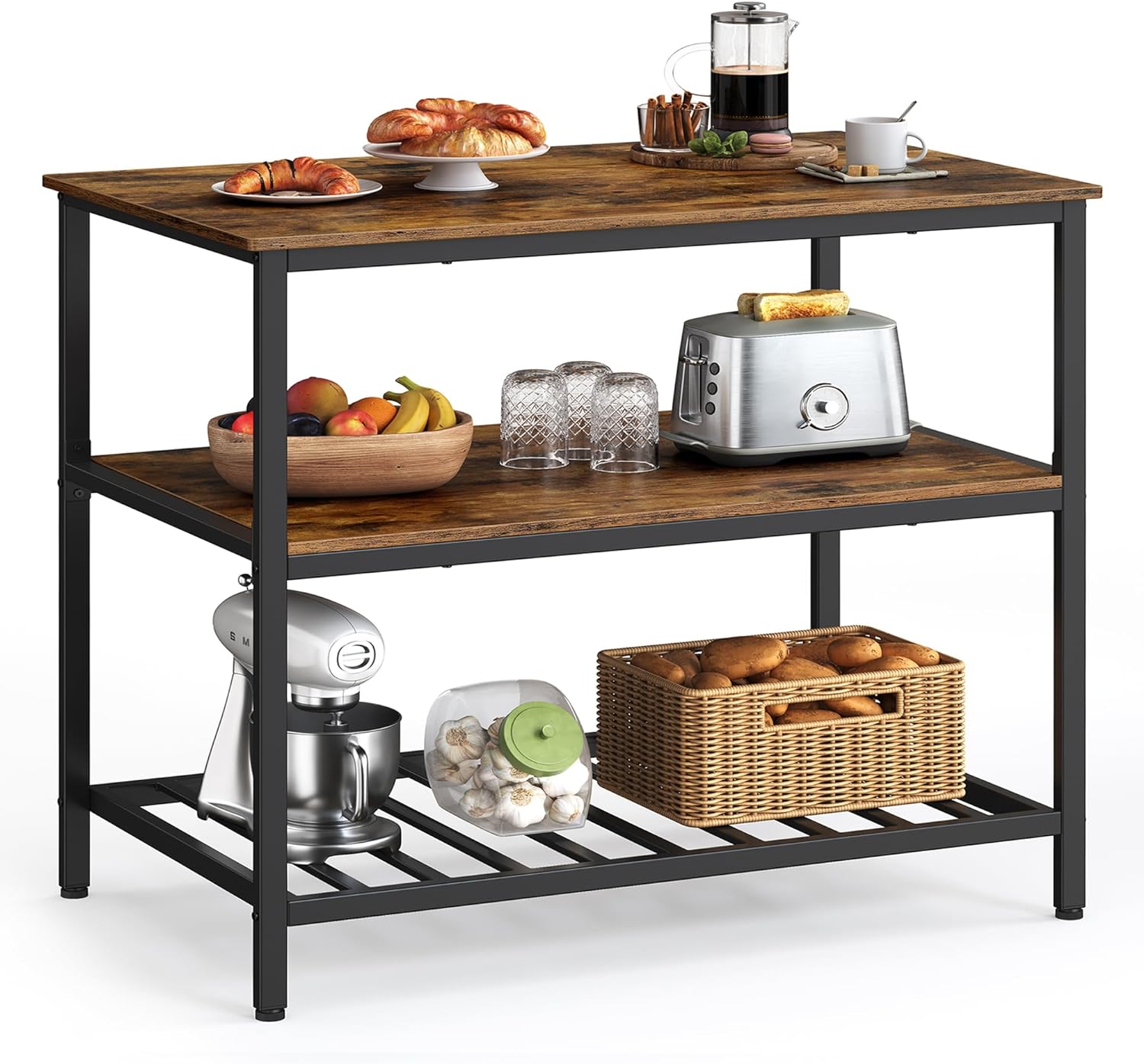 VASAGLE Kitchen Island with 3 Shelves, 39.4 Inches Kitchen Shelf with Large Worktop, Stable Steel Structure, Industrial, Easy to Assemble, Rustic Brown and Black UKKI005B01