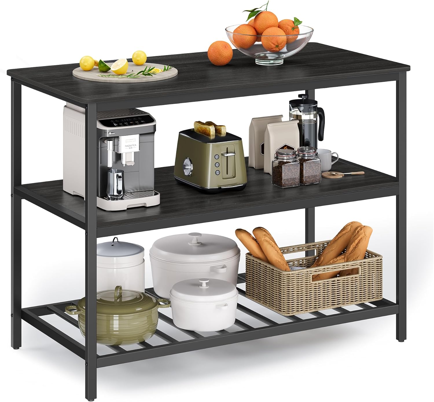 VASAGLE Kitchen Island with 3 Shelves, 47.2 Inches Kitchen Shelf with Large Worktop, Stable Steel Structure, Industrial, Easy to Assemble, Ebonised Oak and Black UKKI001B42