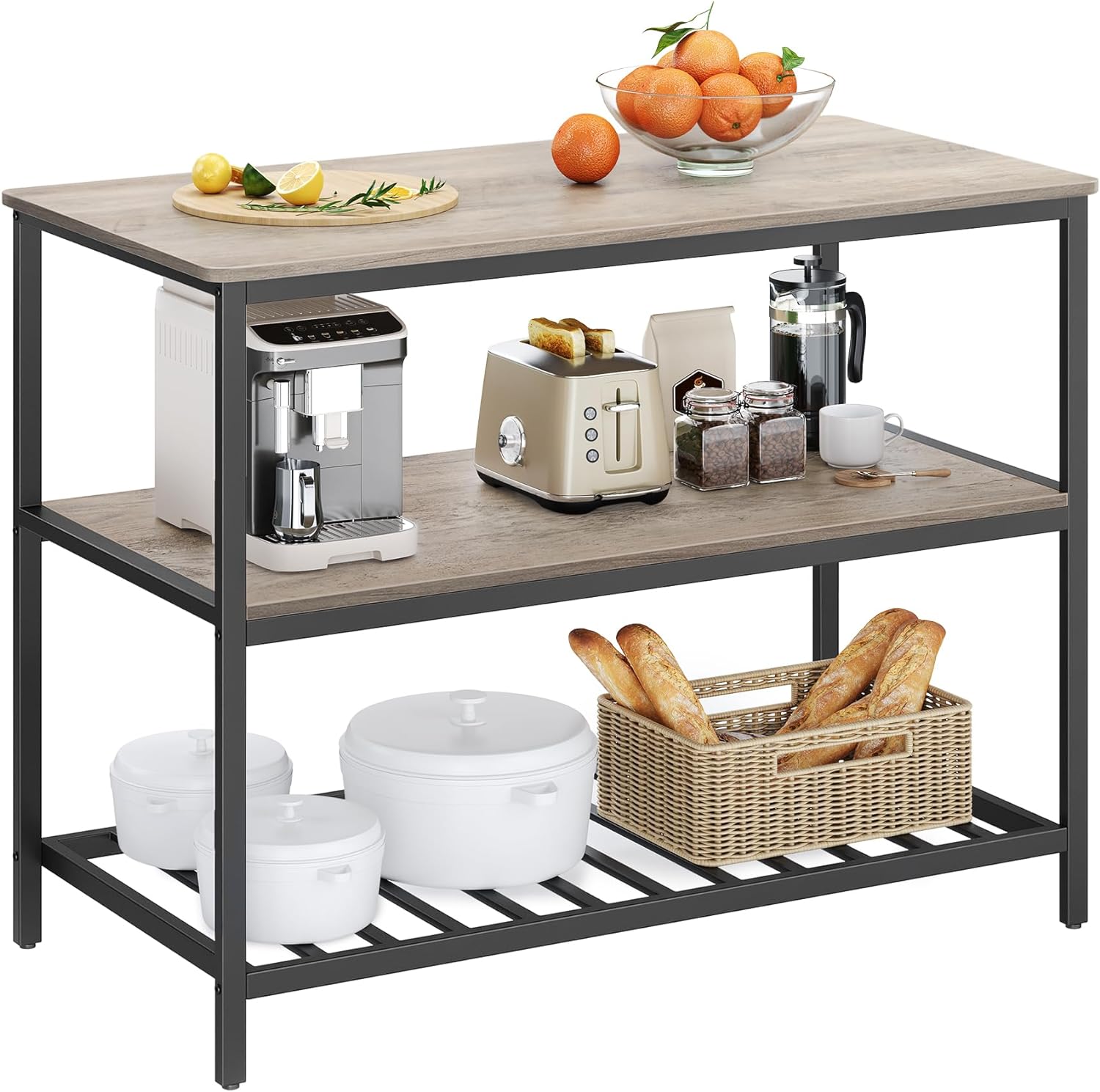 VASAGLE Kitchen Island with 3 Shelves, 47.2 Inches Kitchen Shelf with Large Worktop, Stable Steel Structure, Industrial, Easy to Assemble, Greige and Black UKKI001B02