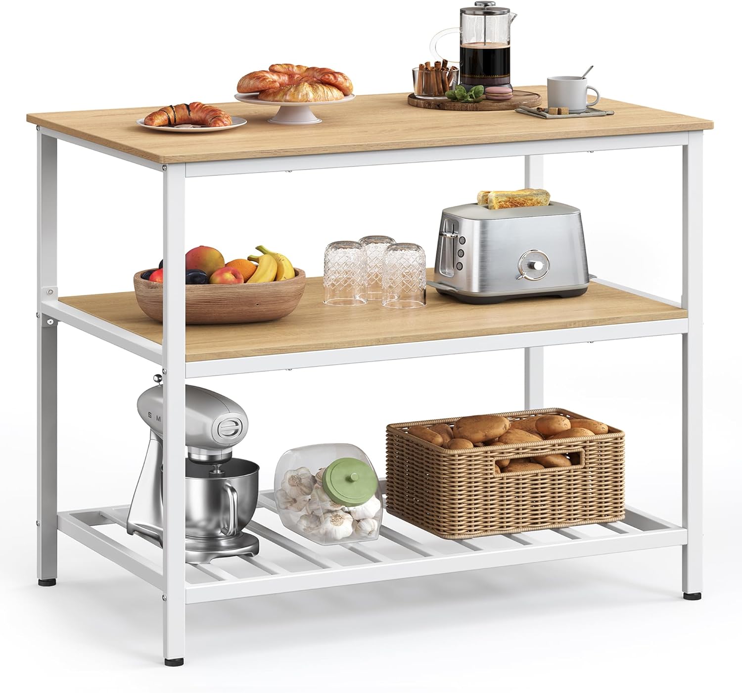 VASAGLE Kitchen Island with 3 Shelves, 39.4 Inches Kitchen Shelf with Large Worktop, Stable Steel Structure, Industrial, Easy to Assemble, Oak Color and White UKKI005W09