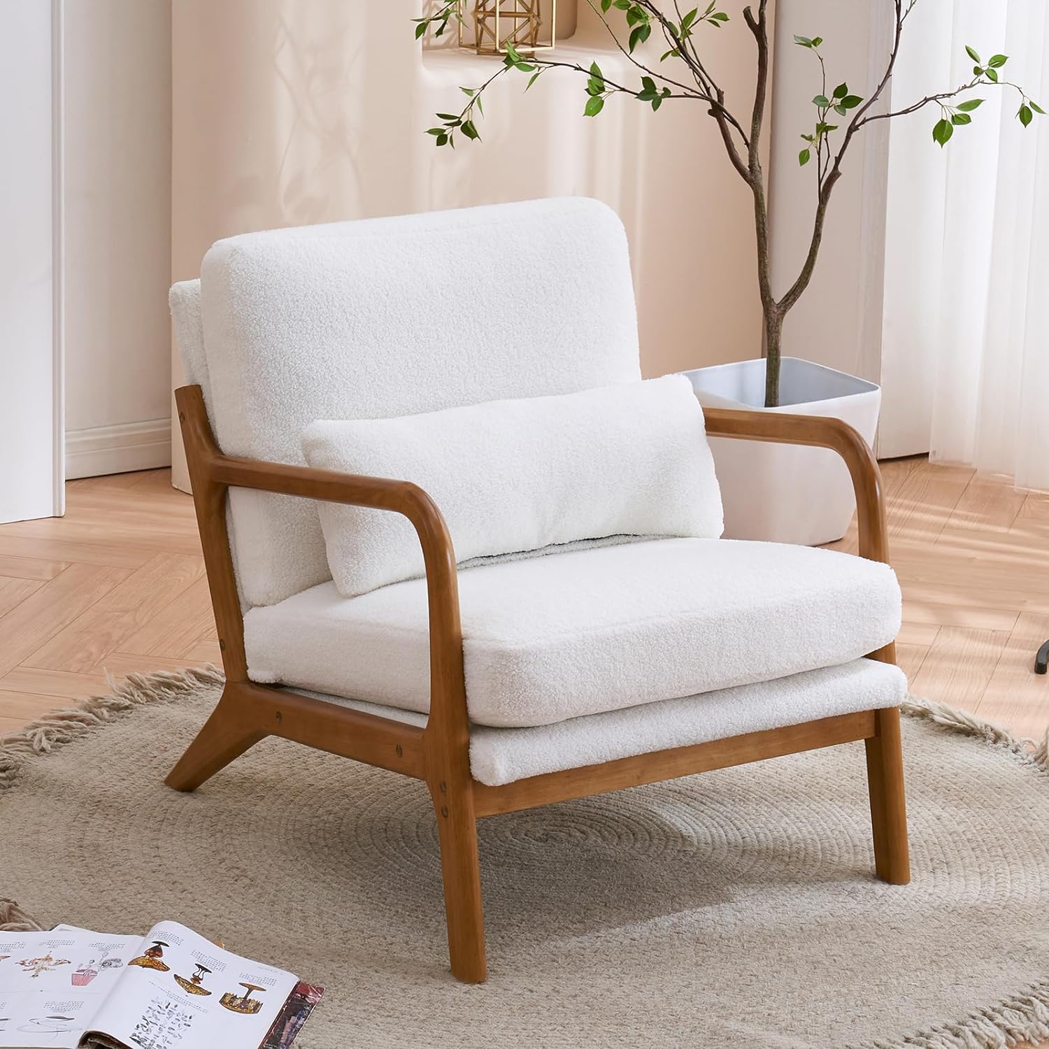 Hommoo Accent Chair with Arm Mid Century Modern Lounge Reading Chair with Wood Frame Comfy Teddy Sherpa Leisure Chair with Pillow and Cushion for Living Room, Bedroom,Balcony White