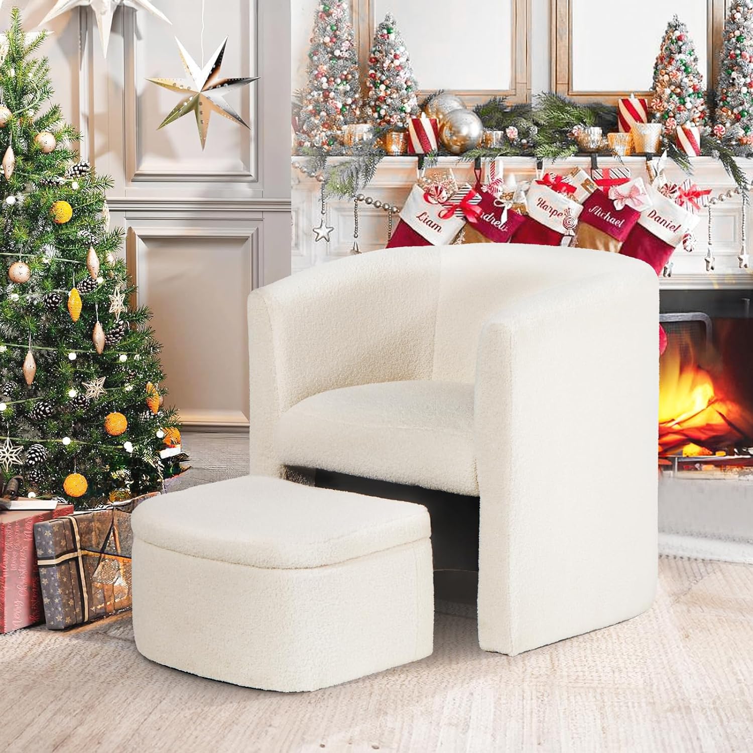 COLAMY Upholstered Sherpa Barrel Accent Chair with Storage Ottoman, Morden Living Room Side Chair, Single Sofa Armchair with Lounge Seat for Bedroom/Office/Reading Spaces, Cream