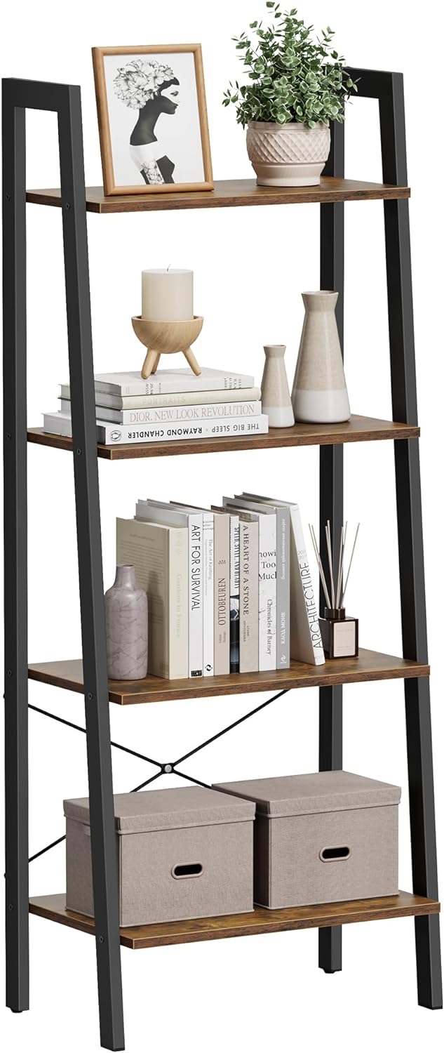 VASAGLE Ladder Shelf, 4-Tier Bookshelf, Storage Rack, Bookcase with Steel Frame, for Living Room, Home Office, Kitchen, Bedroom, Industrial Style, Rustic Brown and Black ULLS44X