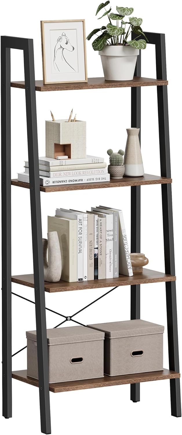 VASAGLE Ladder Shelf, 4-Tier Bookshelf, Storage Rack, Bookcase with Steel Frame, for Living Room, Home Office, Kitchen, Bedroom, Industrial Style, Hazelnut Brown and Black ULLS044B03