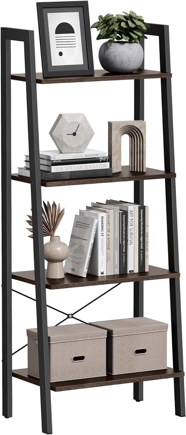 VASAGLE Ladder Shelf, 4-Tier Bookshelf, Storage Rack, Bookcase with Steel Frame, for Living Room, Home Office, Kitchen, Bedroom, Industrial Style, Rustic Dark Brown and Black ULLS44BF