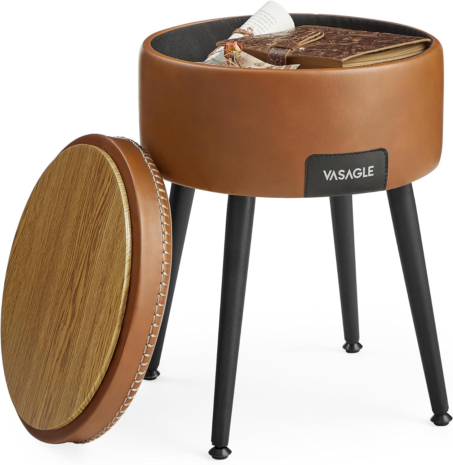 VASAGLE EKHO Collection - Storage Ottoman, Vanity Chair Stool, Synthetic Leather with Stitching, Mid-Century Modern, Round Storage Seat with Steel Legs, Loads 330 lb, Caramel Brown ULOM005K01