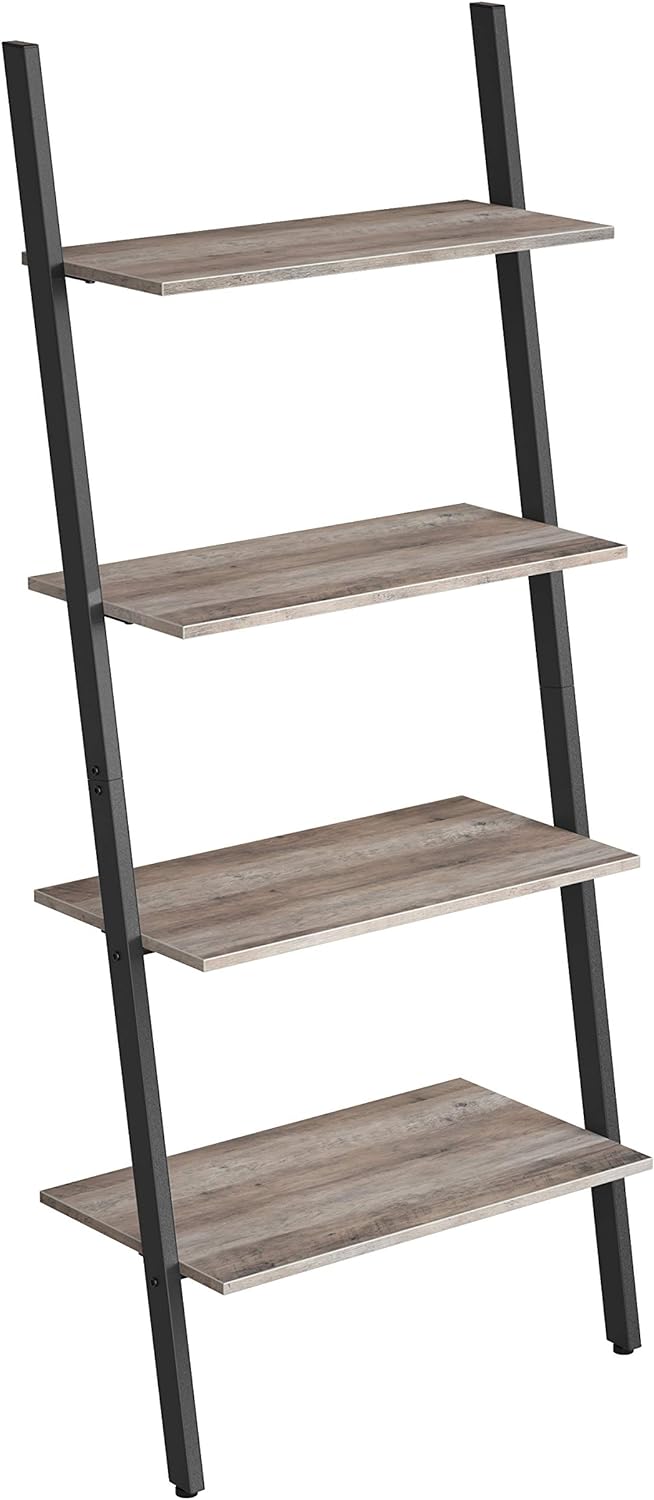 VASAGLE ALINRU Ladder Shelf, 4-Tier Bookshelf, Storage Rack Shelves, for Living Room, Kitchen, Office, Steel, Stable, Sloping, Leaning Against The Wall, Industrial, Greige and Black ULLS043B02