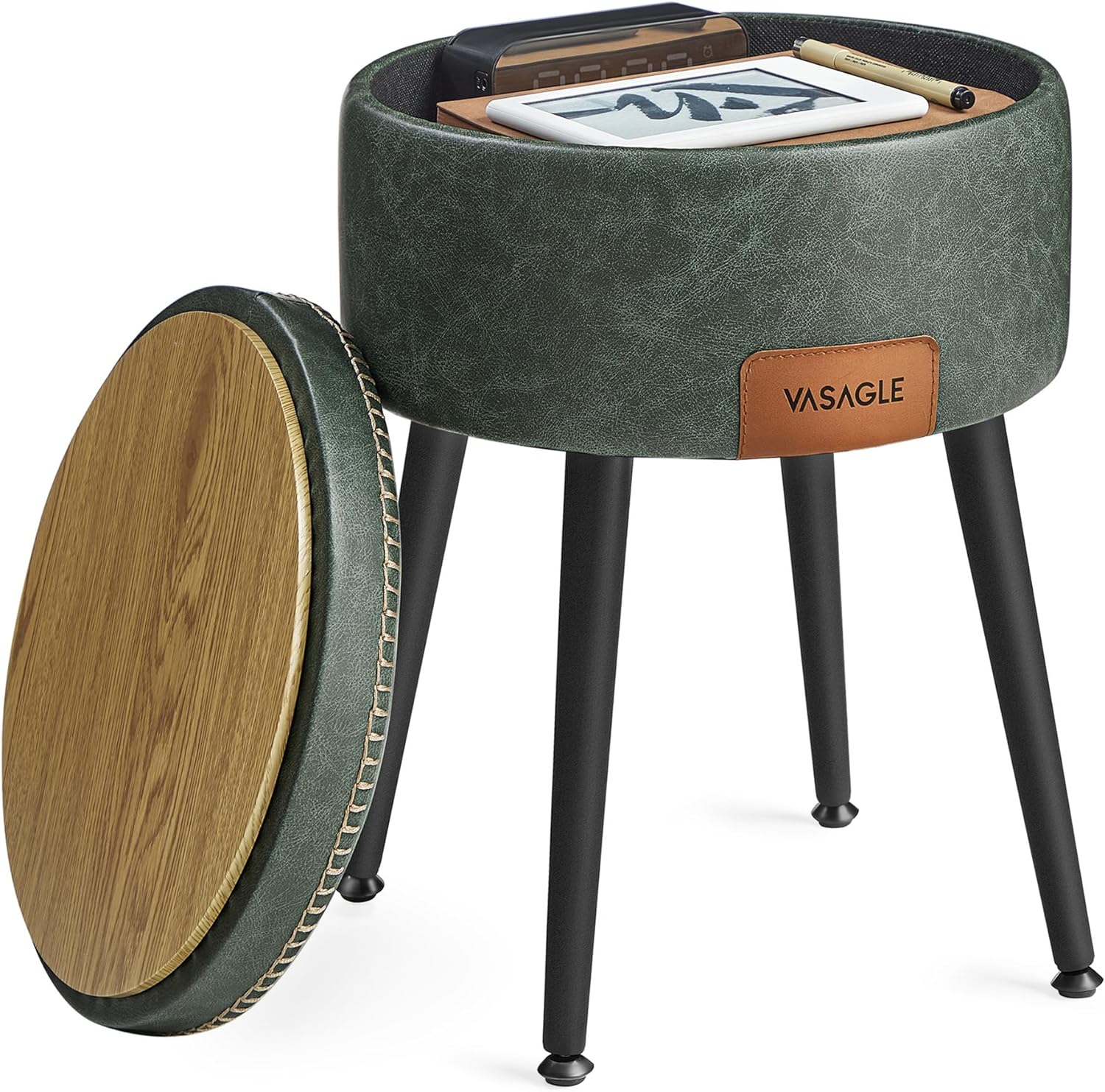 VASAGLE EKHO Collection - Storage Ottoman, Vanity Chair Stool, Synthetic Leather with Stitching, Mid-Century Modern, Round Storage Seat with Steel Legs, Loads 330 lb, Forest Green ULOM005C01