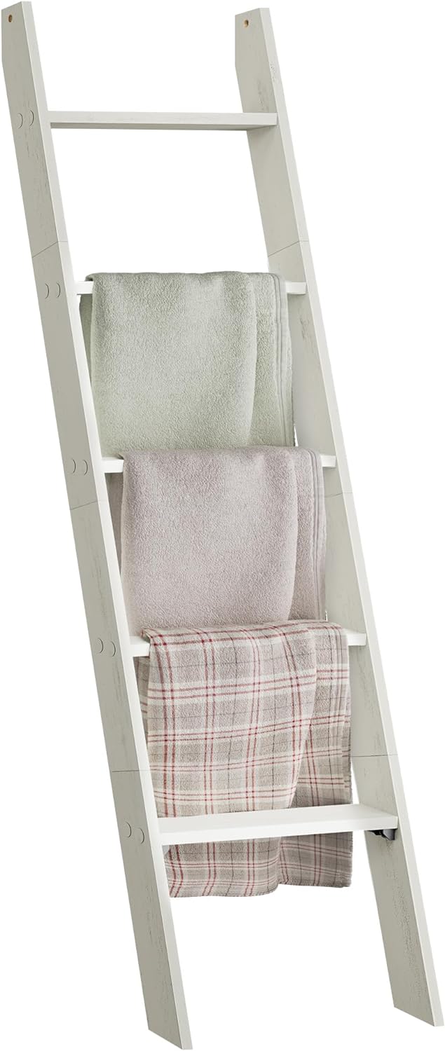 VASAGLE Blanket Ladder Decorative Farmhouse for The Living Room, 5-Tier Ladder Shelf, Ladder Rack for Storage and Decor, Rustic White ULLS018W73