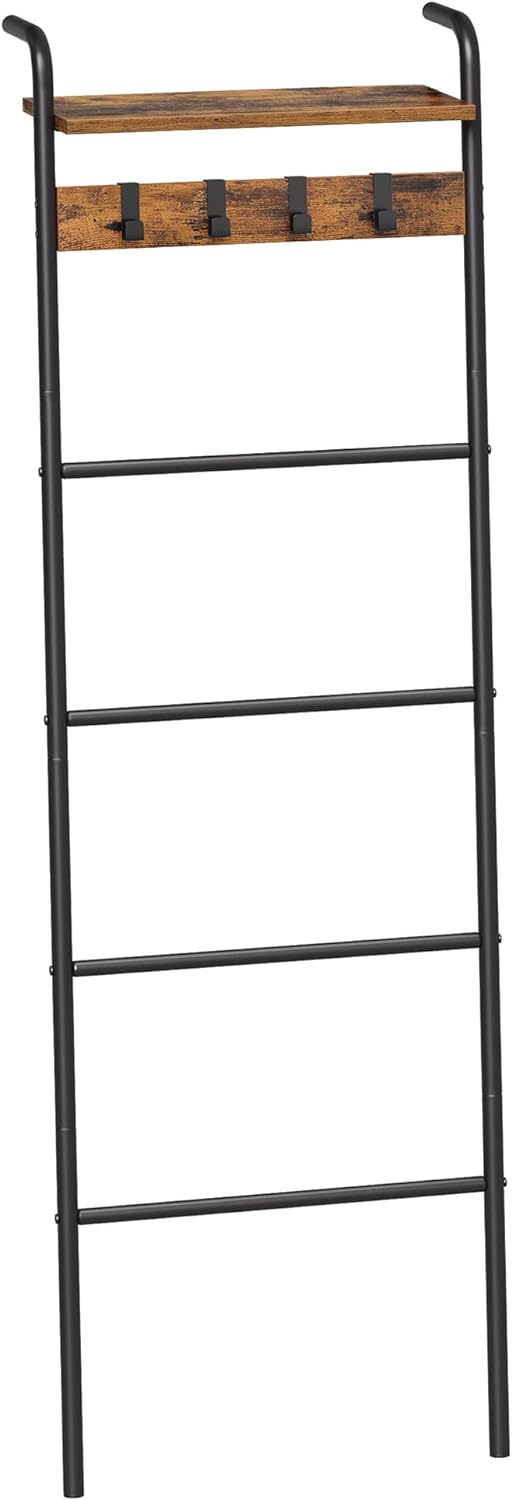 VASAGLE Blanket Ladder Shelf, Blanket Holder Rack for Living Room, Decorative Ladder with Removable Hooks, Top Storage Shelf, Metal Frame, Rustic Brown and Black ULLS017B01