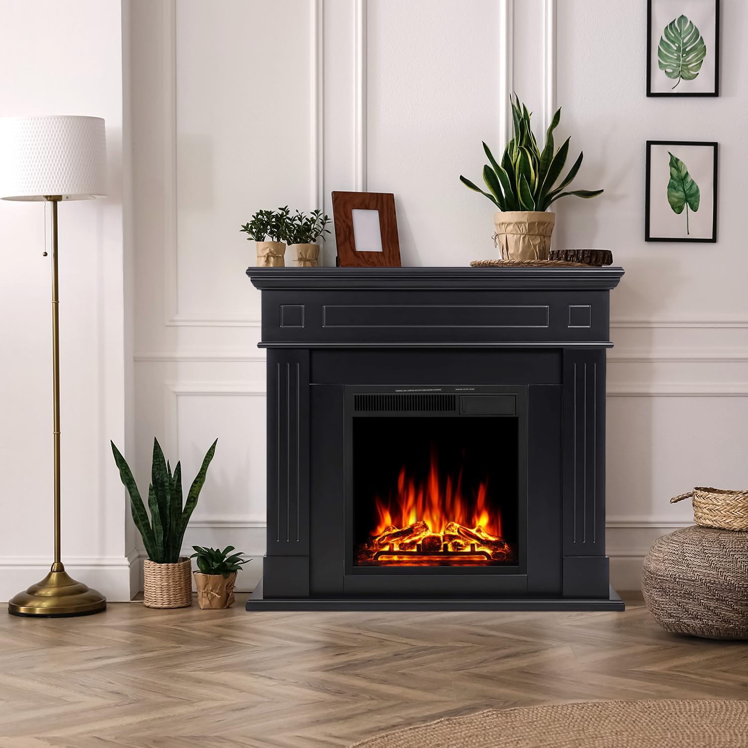 R.W.FLAME 43 Electric Fireplace Mantel Wooden Surround Firebox, TV Stand with Freestanding Electric Fireplace, Remote Control, Adjustable Led Flame, 750W/1500w Black