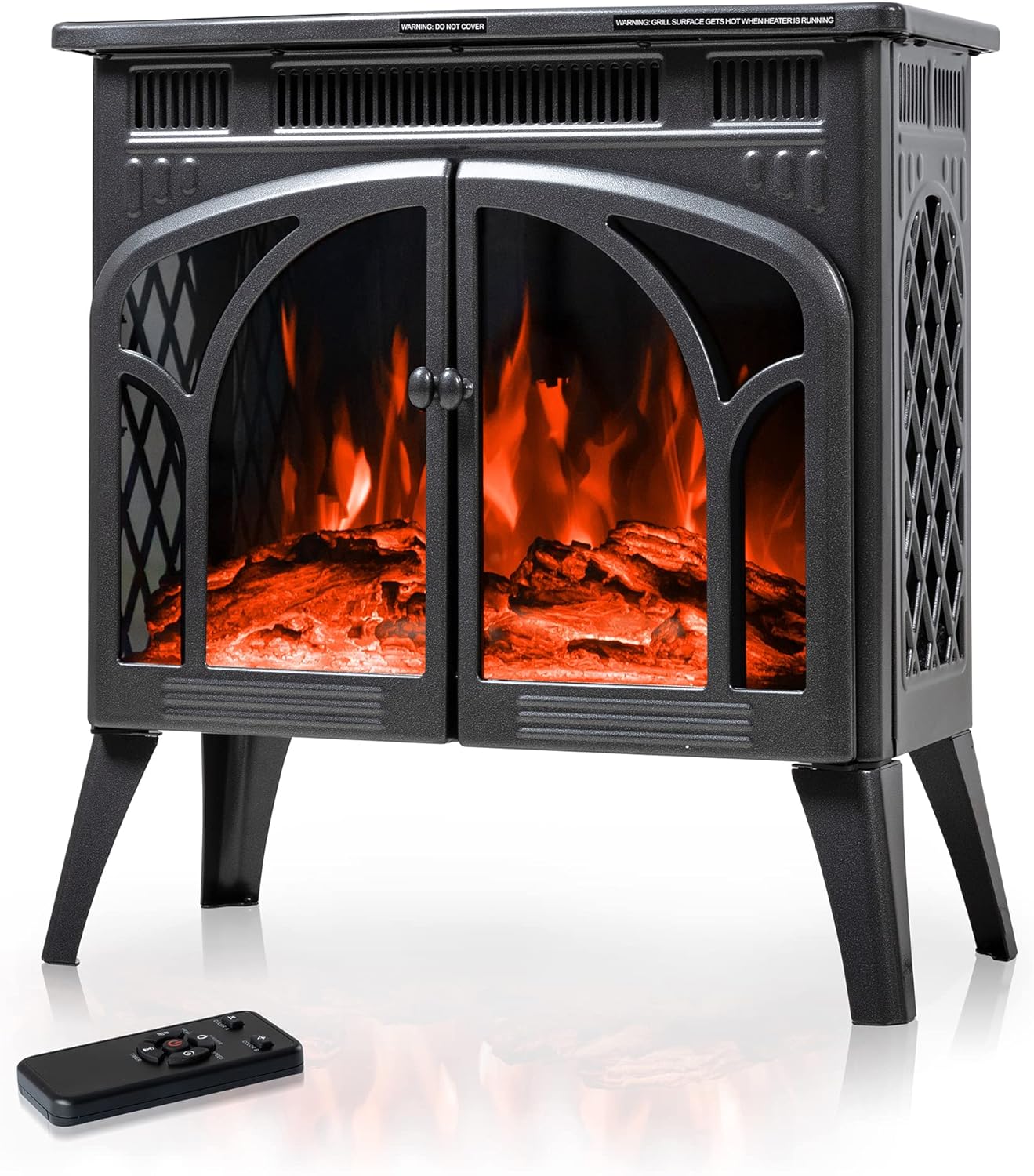 Electactic 24Inch Electric Fireplace Stove, Free-Standing Infrared Fireplace Stove, Controllable 3D Flame, 4 Variable Flame&Log Colors, 1500w, 5100BTU, (S230B-GREY), Grey Metal