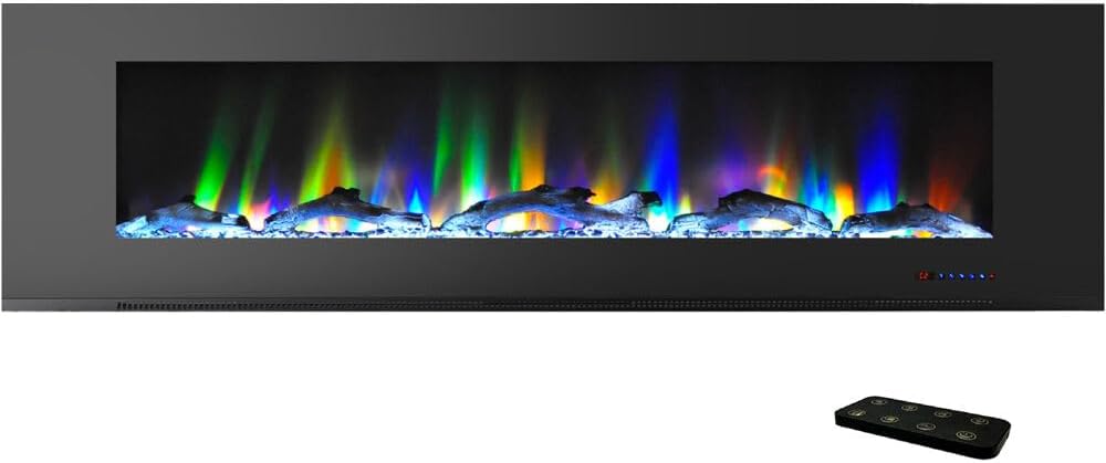 Cambridge 72 Inch Wall Mount Electric Fireplace Heater with Remote Control, Multicolor Flames, and Driftwood Log Display for Indoor Use in Living Room, Bedroom, Home Office, Black