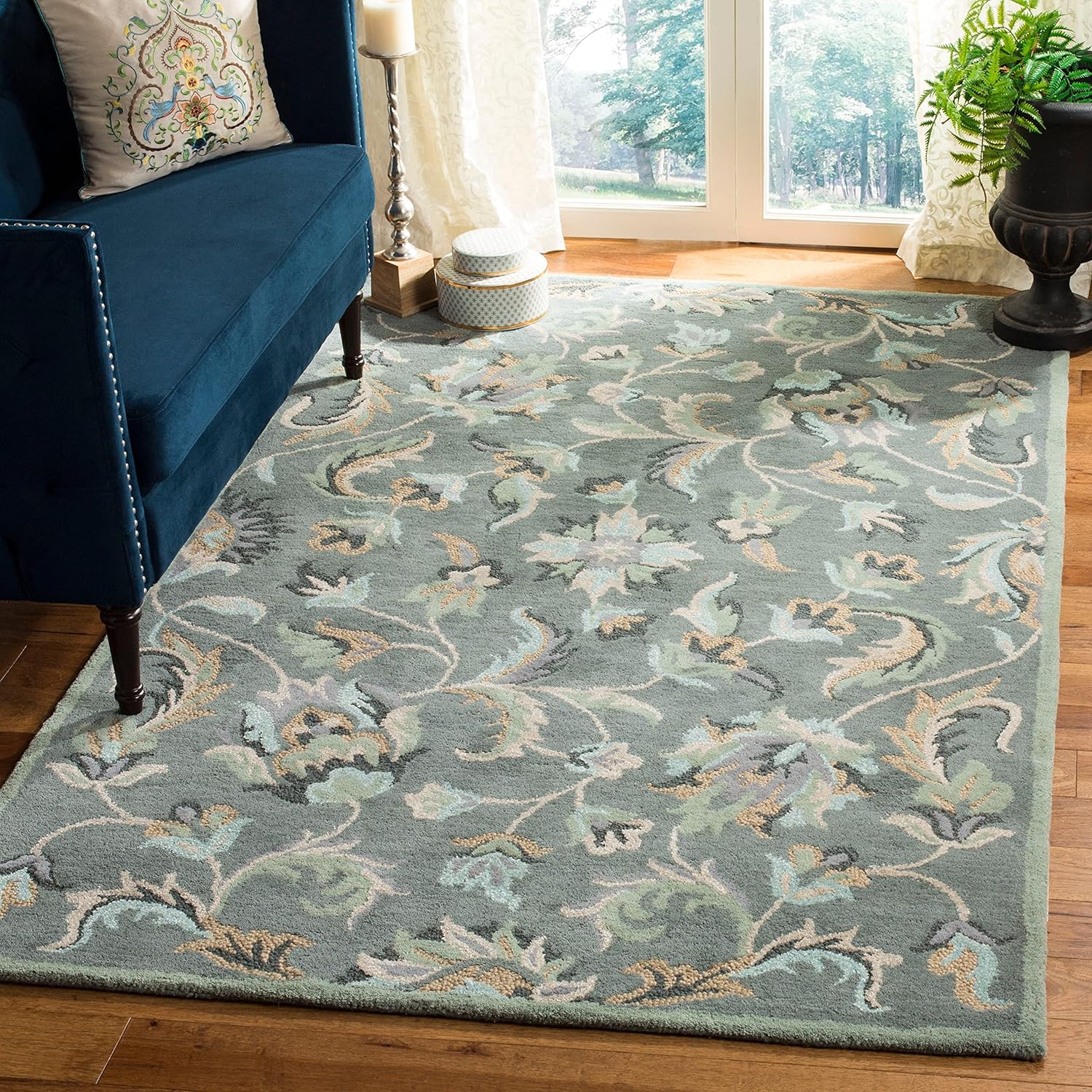 SAFAVIEH Jardin Collection Area Rug - 8' x 10', Grey & Multi, Handmade Floral Wool, Ideal for High Traffic Areas in Living Room, Bedroom (JAR461A)