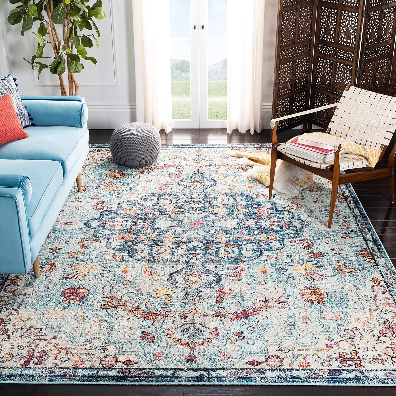 SAFAVIEH Madison Collection Area Rug - 5'3 x 7'6, Navy & Light Blue, Boho Chic Medallion Distressed Design, Non-Shedding & Easy Care, Ideal for High Traffic Areas in Living Room, Bedroom (MAD447K)