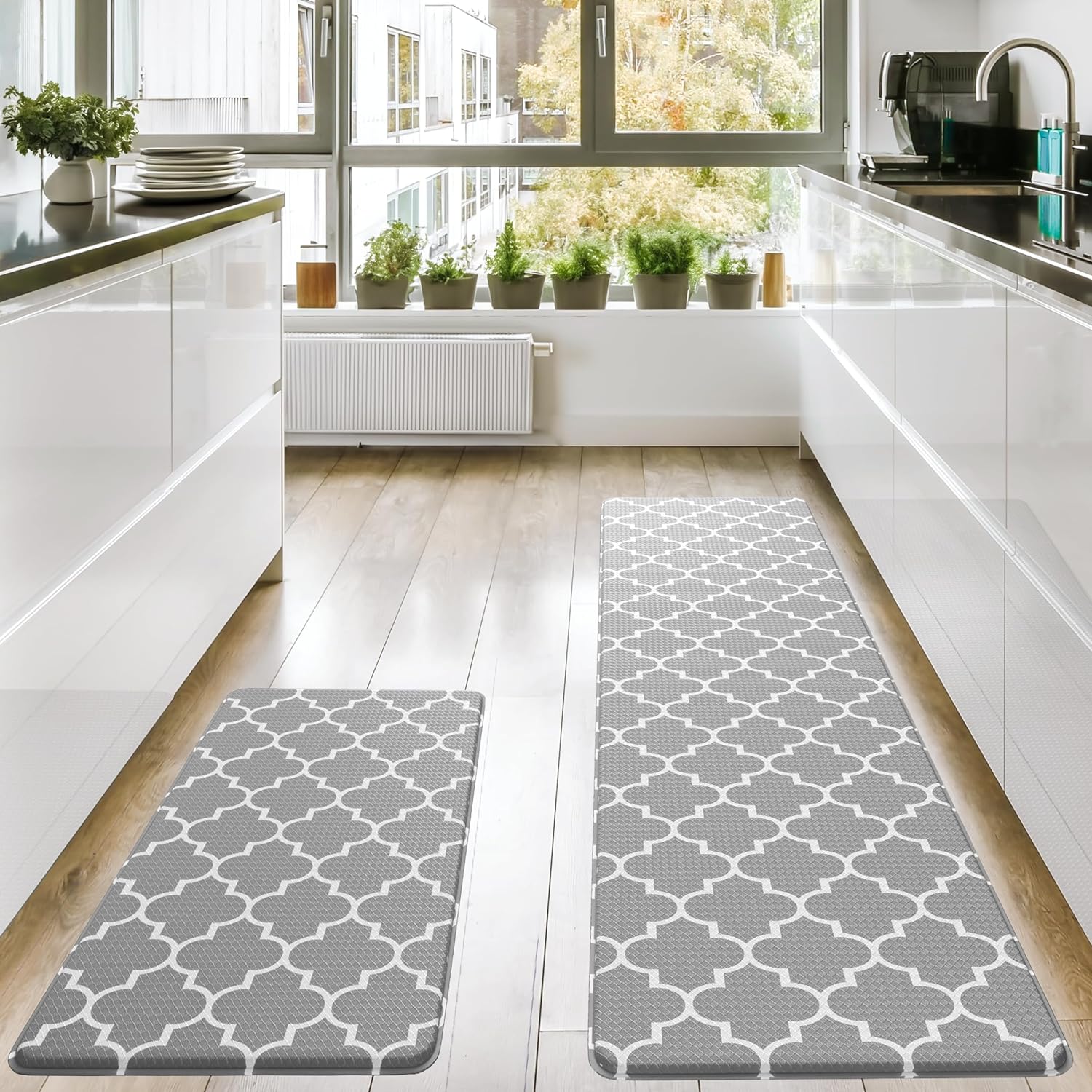 Homergy Anti Fatigue Kitchen Mats for Floor 2 PCS, Memory Foam Cushioned Rugs, Comfort Standing Desk Mats for Office, Home, Laundry Room, Waterproof & Ergonomic, 17.330.3 & 17.359, Lantern Gray